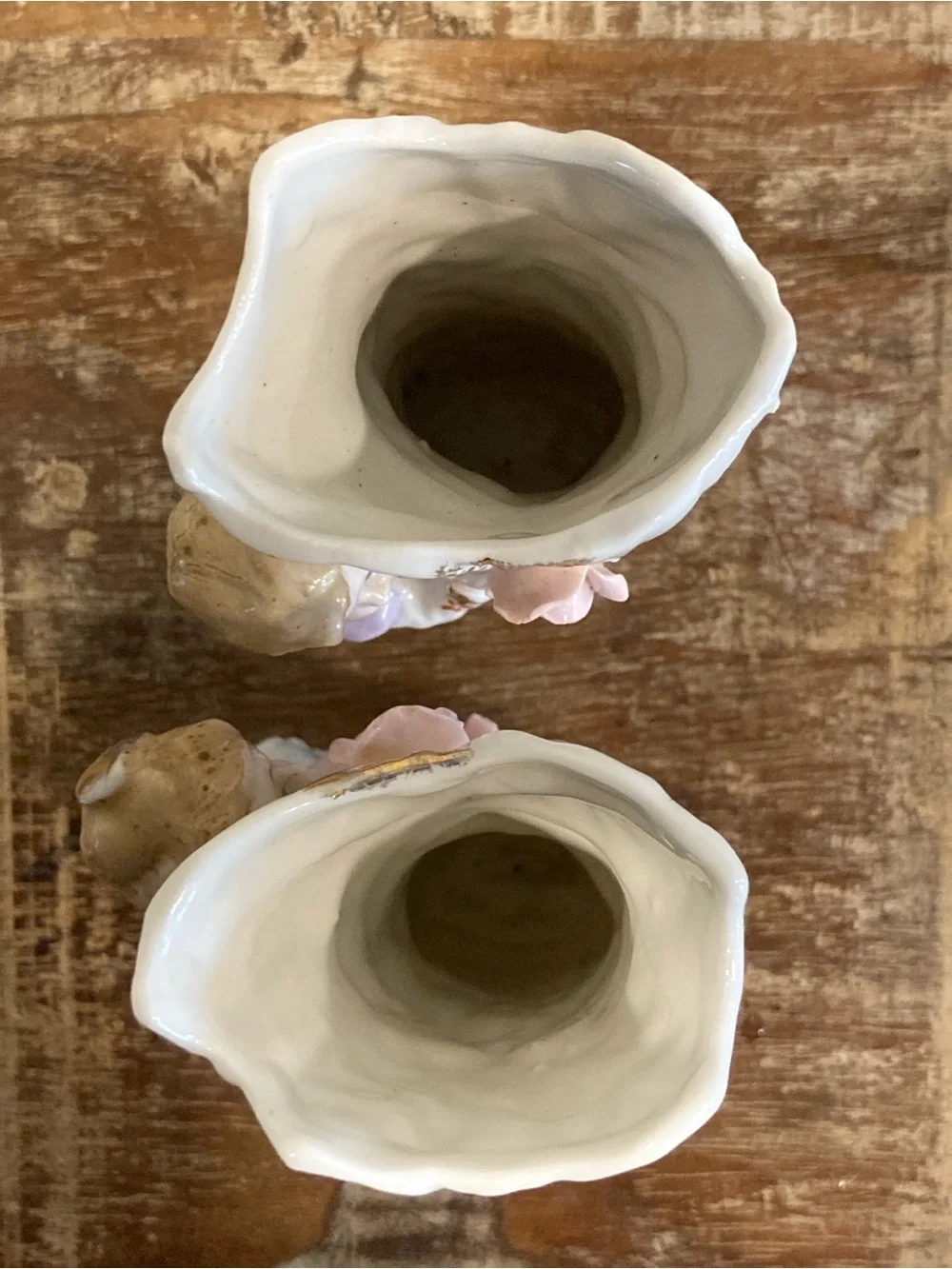 Pair of Boy & Girl Floral Mantel Vases in White & Gold Roses